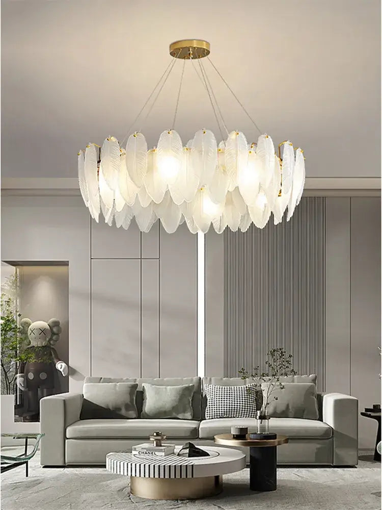 Modern brass glass feather chandelier for dining room