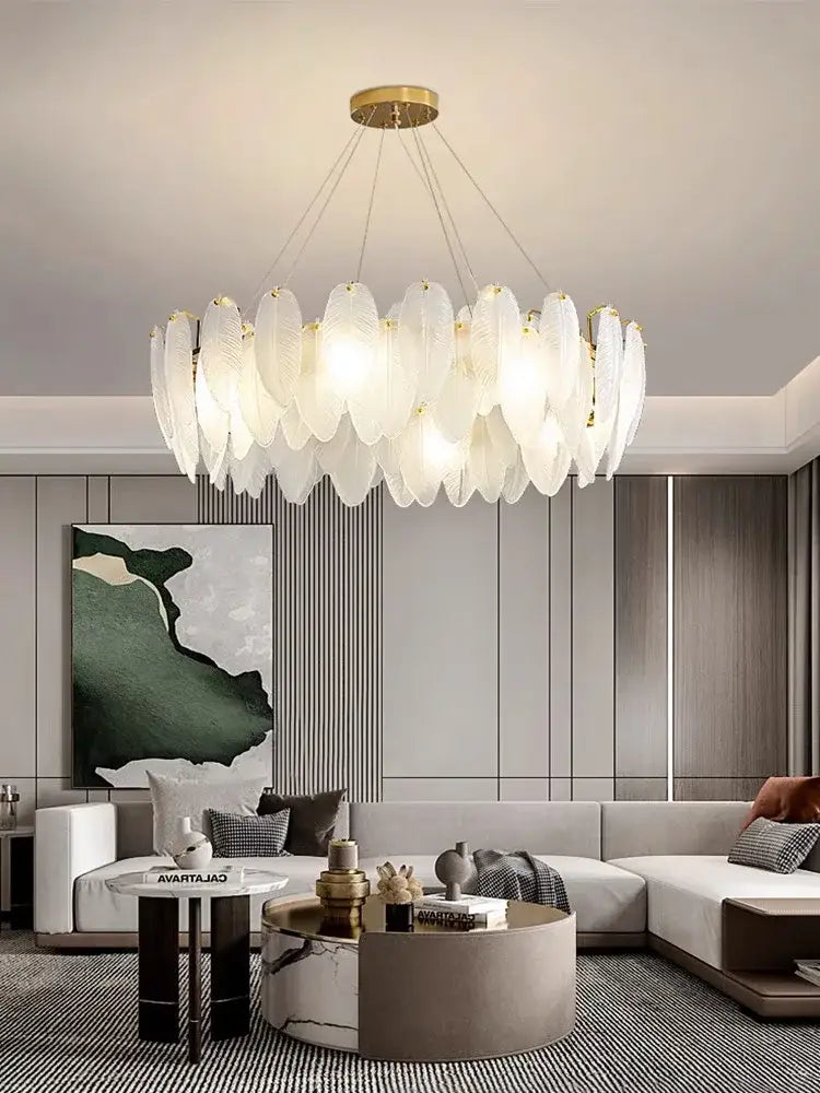 Modern brass glass feather chandelier for dining room
