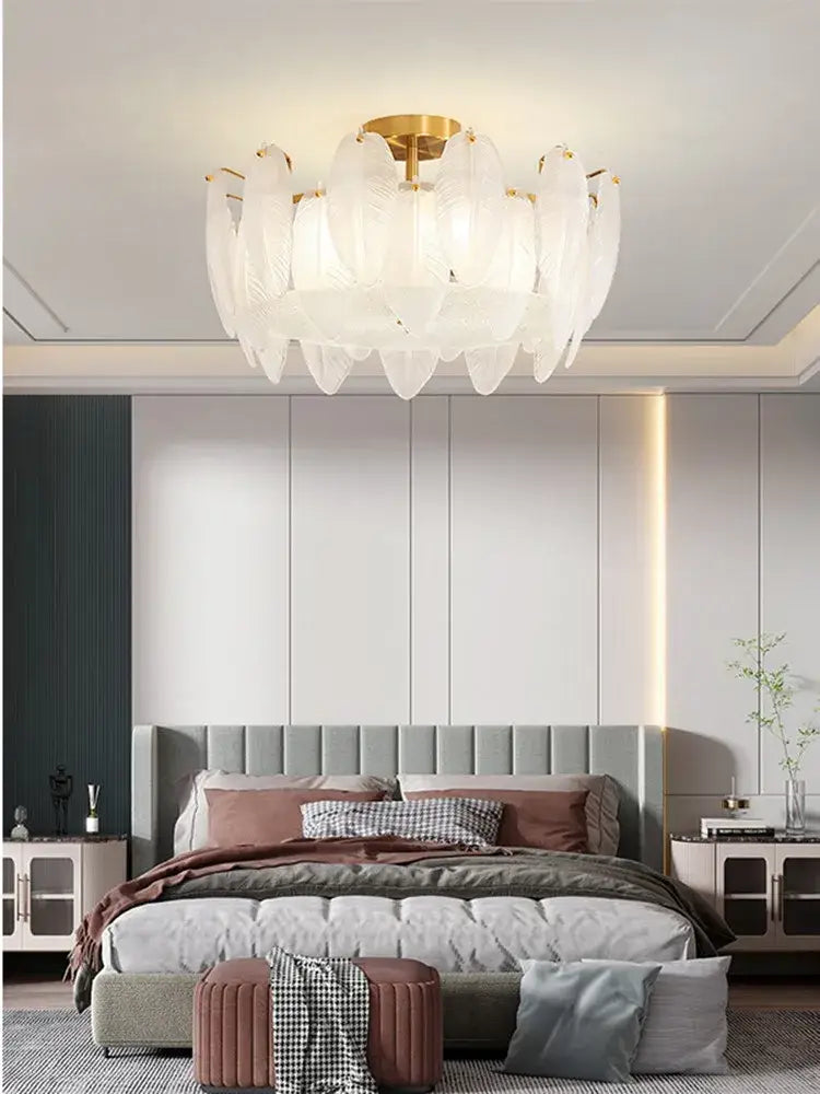 Modern brass glass feather chandelier for dining room