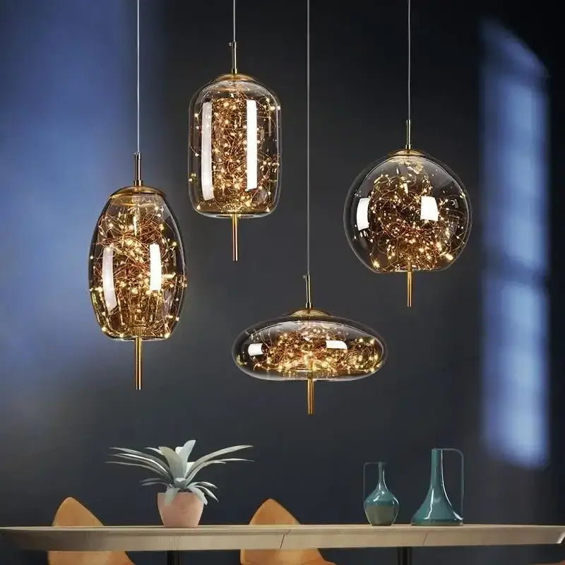 Modern brass glass pendant light bedroom led chandelier