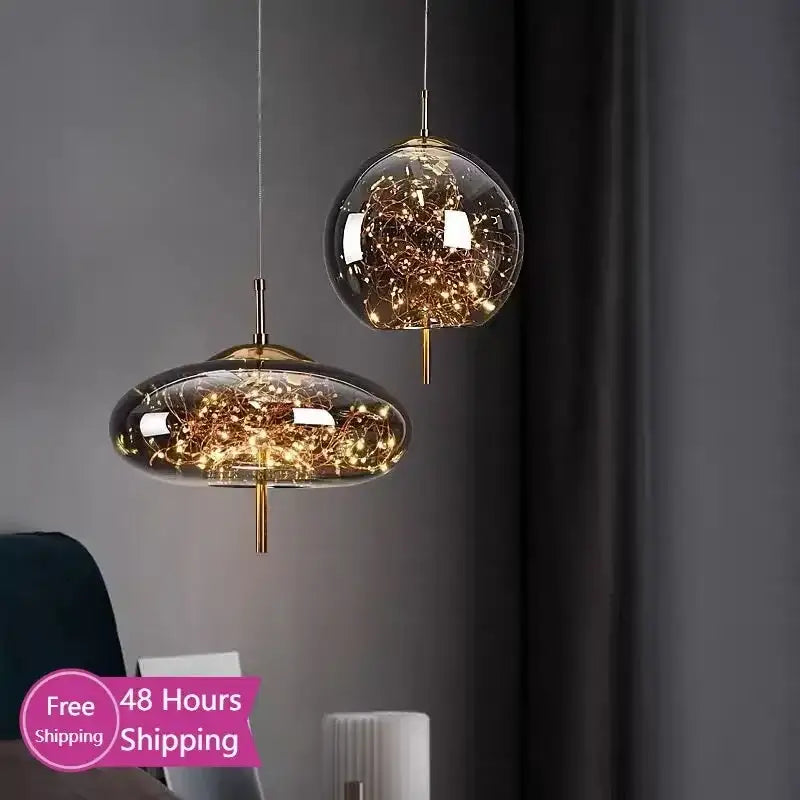 Modern brass glass pendant light bedroom led chandelier
