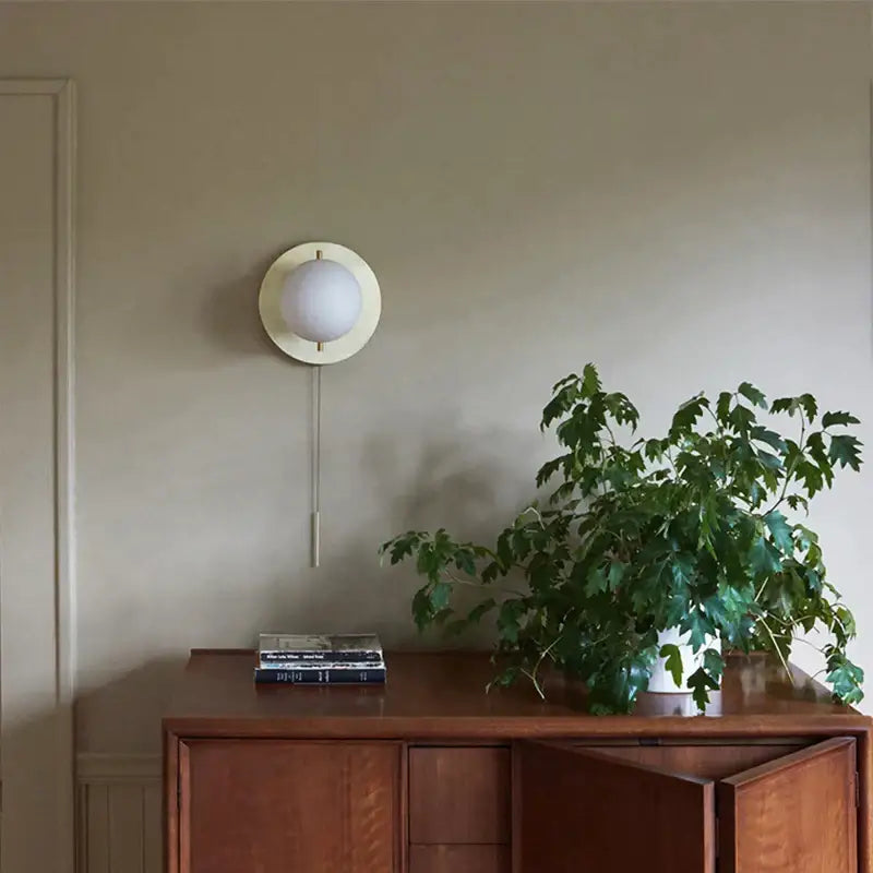 Modern brass glass round wall lamp with pull chain for bedroom