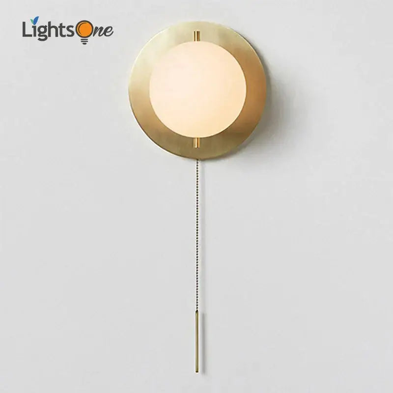 Modern brass glass round wall lamp with pull chain for bedroom