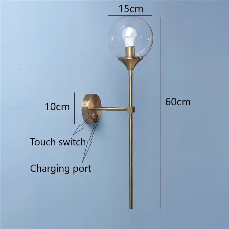 Modern brass golden glass ball wall lamps bedroom sconce