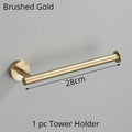 Modern brushed gold bathroom hardware set with towel rack and hooks