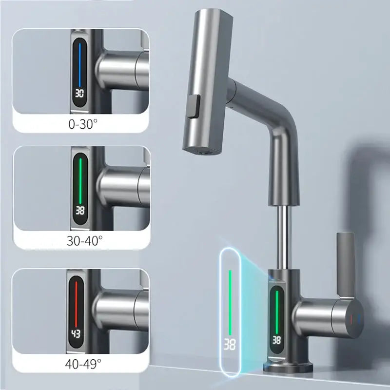 Modern brushed stainless digital display waterfall basin faucet bathroom