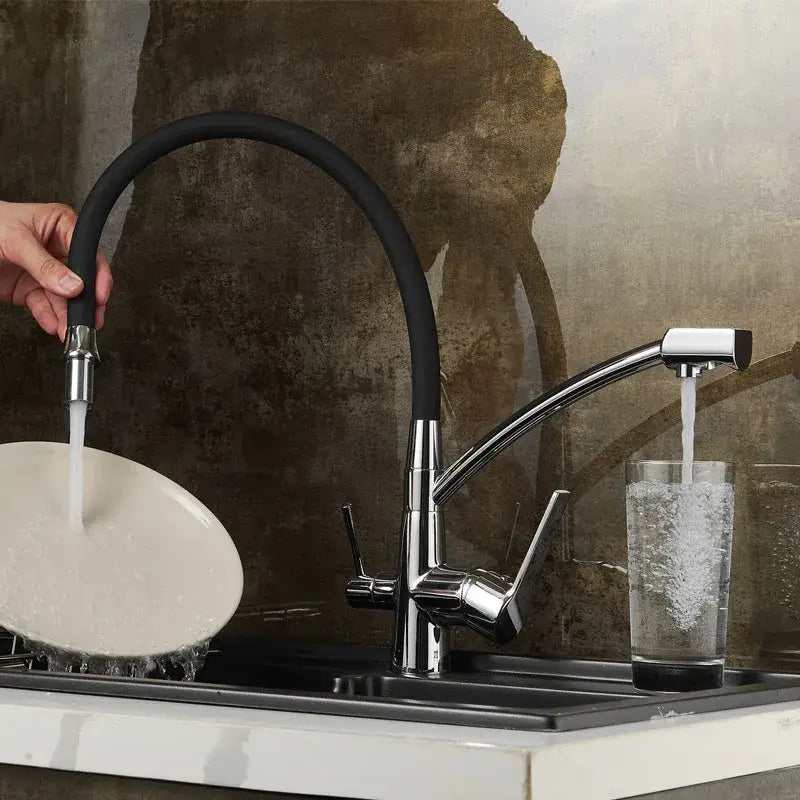 Modern chrome & black deck mounted kitchen faucet with pull down spout