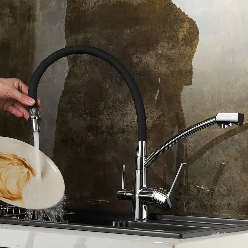 Modern chrome & black deck mounted kitchen faucet with pull down spout