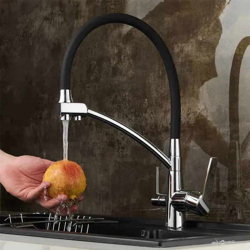 Modern chrome & black deck mounted kitchen faucet with pull down spout