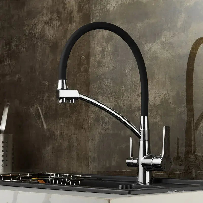 Modern chrome & black deck mounted kitchen faucet with pull down spout