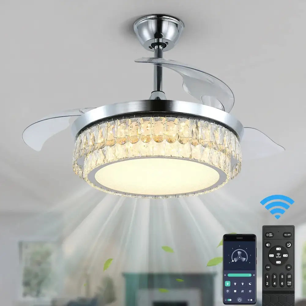 Modern chrome crystal fan chandelier led light bedroom retractable