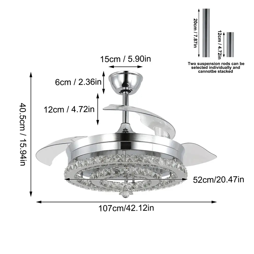Modern chrome crystal fan chandelier led light bedroom retractable