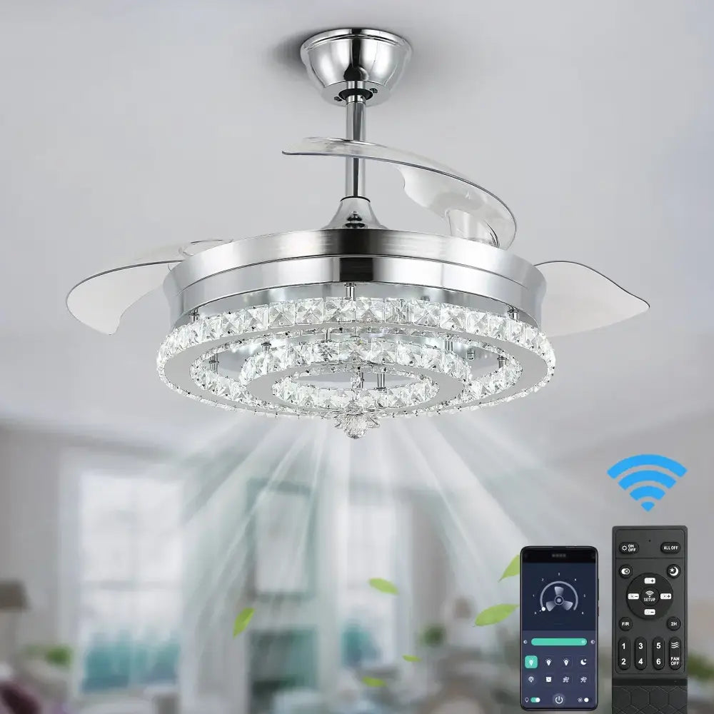 Modern chrome crystal fan chandelier led light bedroom retractable