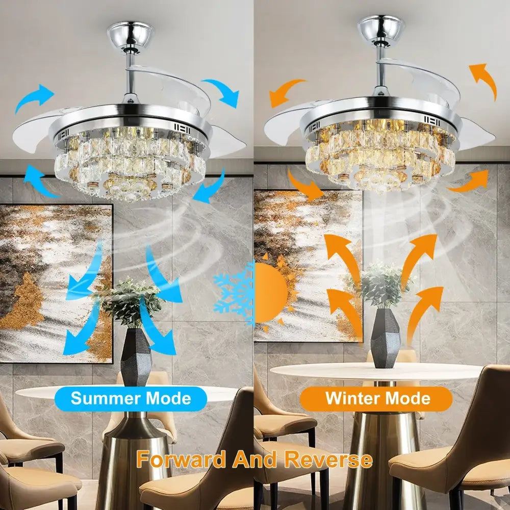 Modern chrome crystal fan chandelier led light bedroom retractable