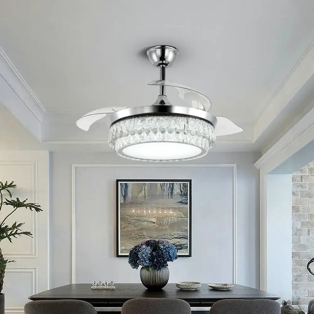 Modern chrome crystal fan chandelier led light bedroom retractable