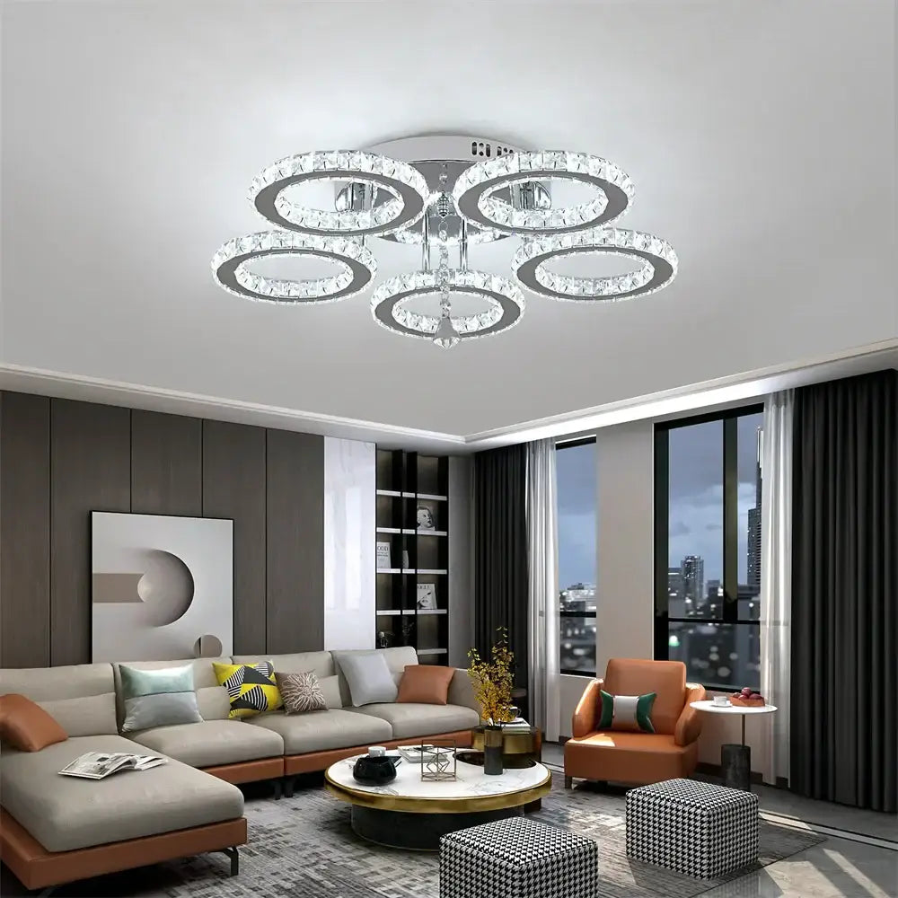 Modern chrome crystal flush mount rings living room light
