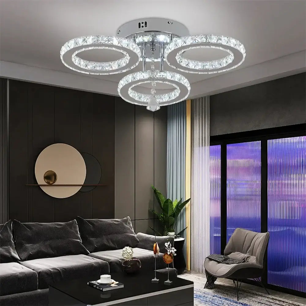 Modern chrome crystal flush mount rings living room light