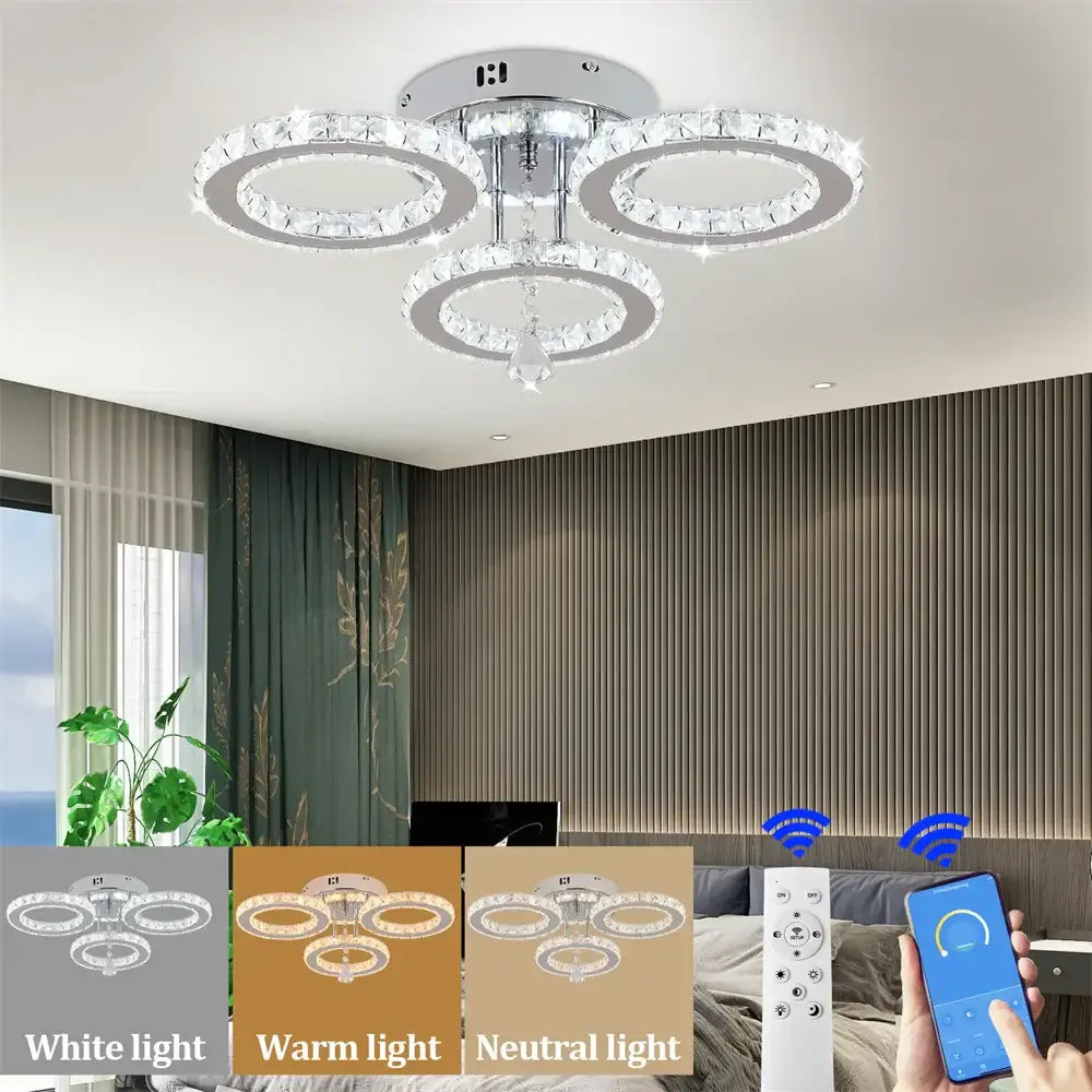 Modern chrome crystal flush mount rings living room light