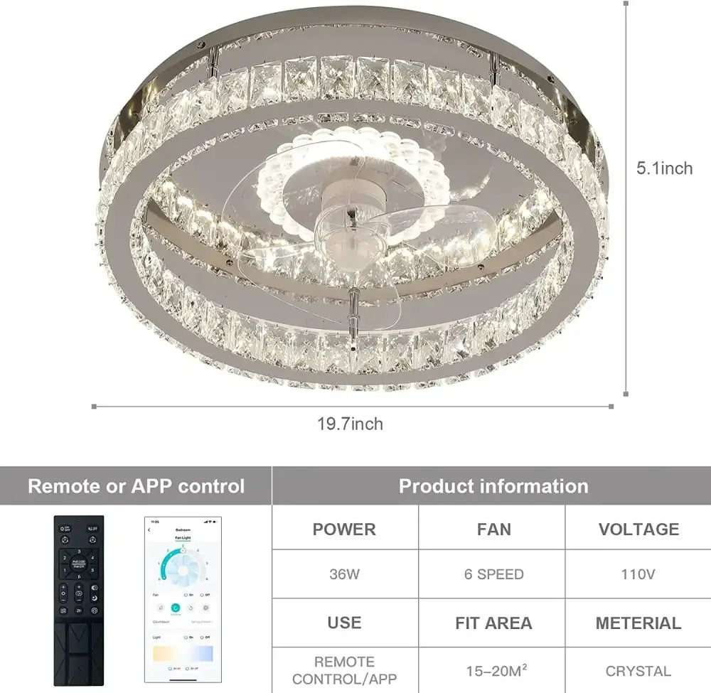 Modern chrome crystal led ceiling fan bedroom flush mount lighting