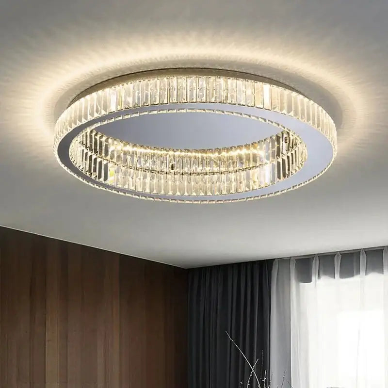 Modern chrome crystal led ceiling light dining room double ring