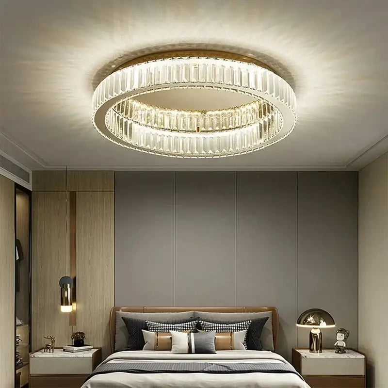 Modern chrome crystal led ceiling light dining room double ring