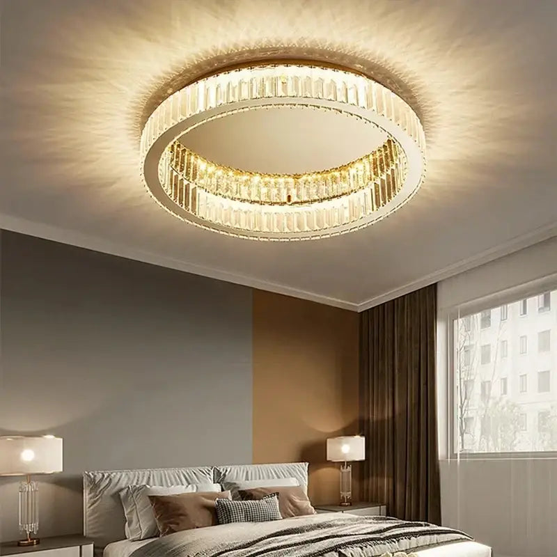 Modern chrome crystal led ceiling light dining room double ring