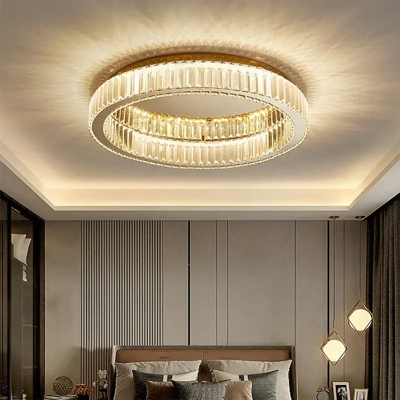 Modern chrome crystal led ceiling light dining room double ring