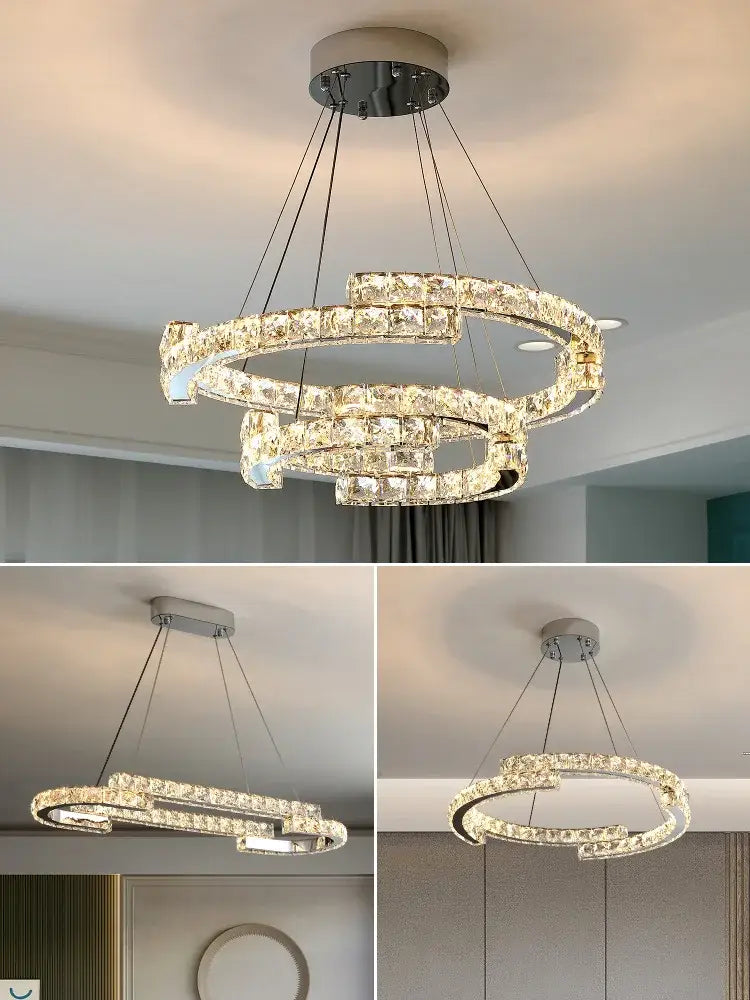 Modern chrome crystal led pendant lights dining room double ring fixtures
