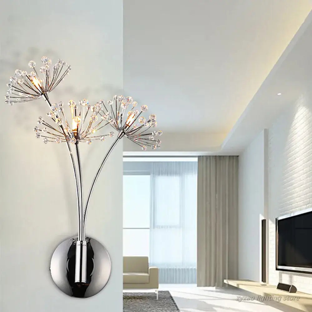 Modern chrome dandelion crystal flower wall lamp bedroom sconce