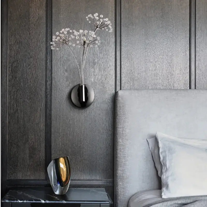 Modern chrome dandelion crystal flower wall lamp bedroom sconce