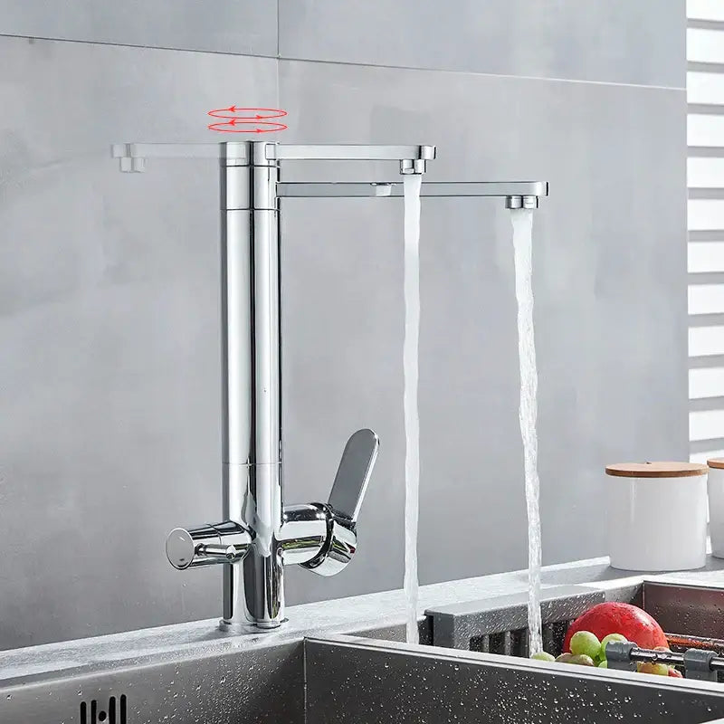 Modern chrome dual handle waterfilter kitchen faucet 360 rotation