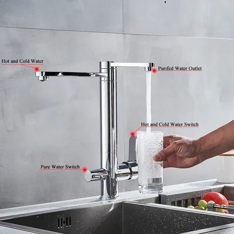 Modern chrome dual handle waterfilter kitchen faucet 360 rotation