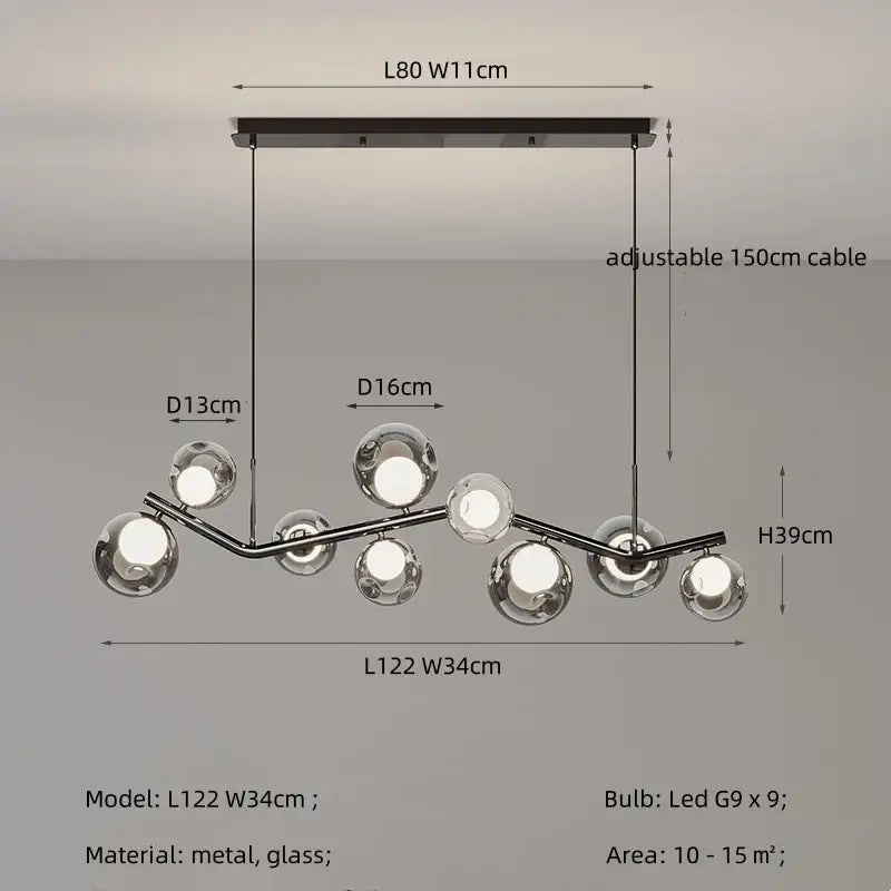 Modern chrome glass globe chandelier – dining room branching light