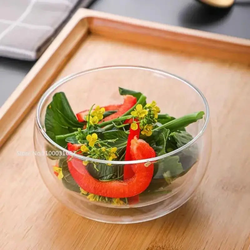 Modern clear double wall glass salad bowl kitchen container