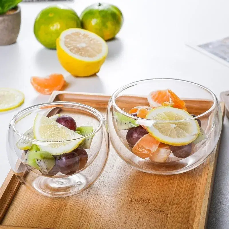 Modern clear double wall glass salad bowl kitchen container