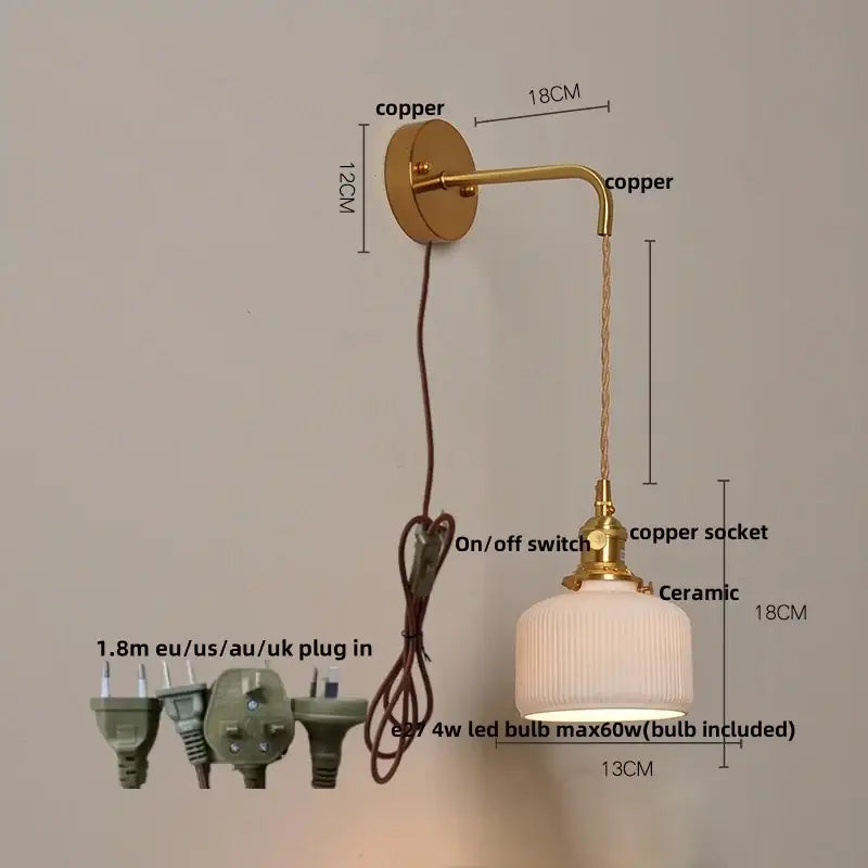 Modern copper and off-white ribbed wall light fixture bedroom sconce