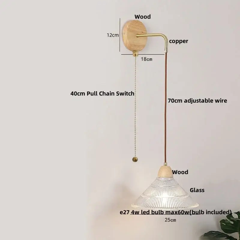 Modern copper and wood wall sconce with clear glass pull chain switch