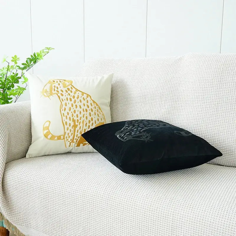 Modern cream & black embroidered leopard pillowcase bedroom decor
