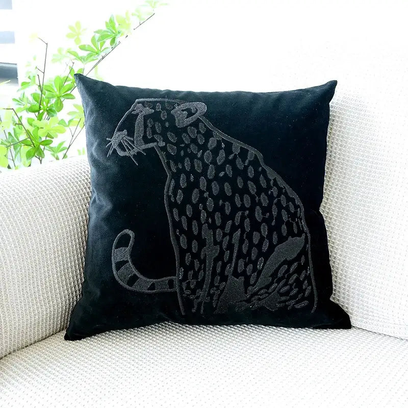 Modern cream & black embroidered leopard pillowcase bedroom decor