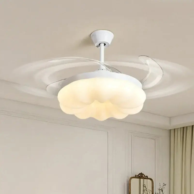 Modern cream cloud ceiling fan light with silver blades for bedroom