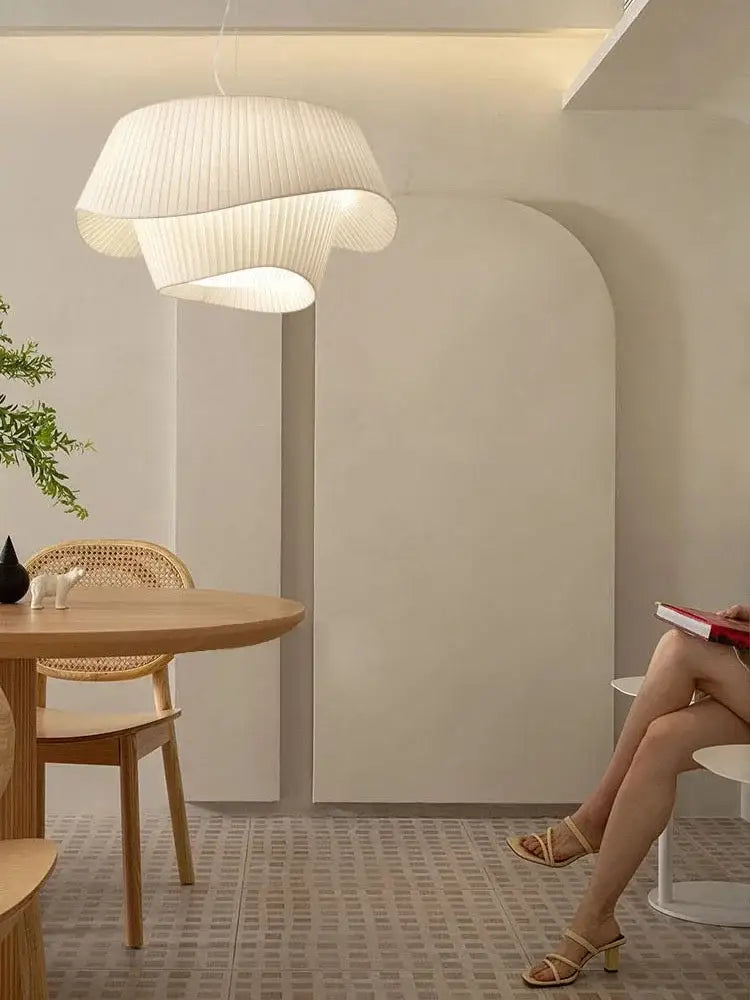 Modern cream pleated designer led fabric pendant light bedroom