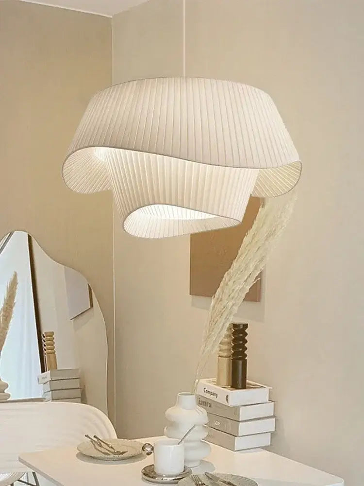 Modern cream pleated designer led fabric pendant light bedroom
