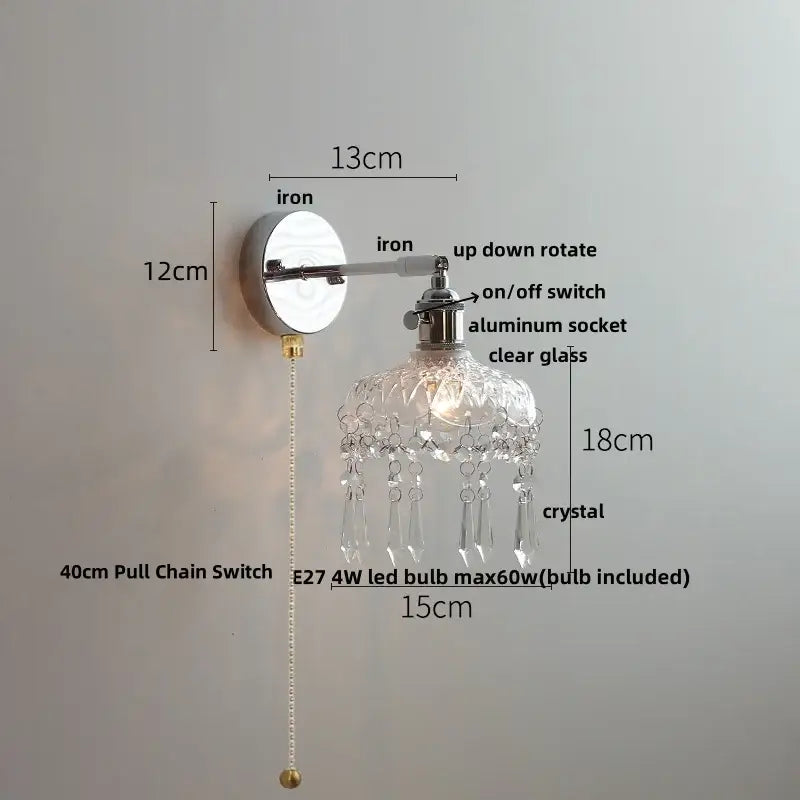 Modern crystal iron led wall light bedroom sconce