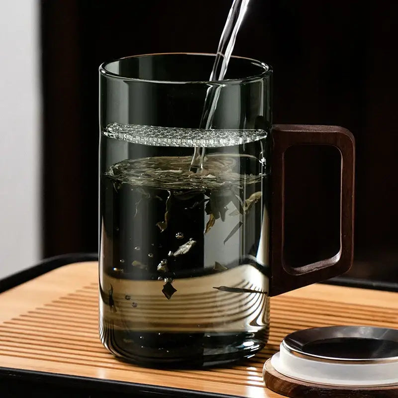 Modern dark green glass tea cup set with wooden handle dining room