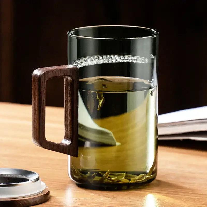 Modern dark green glass tea cup set with wooden handle dining room