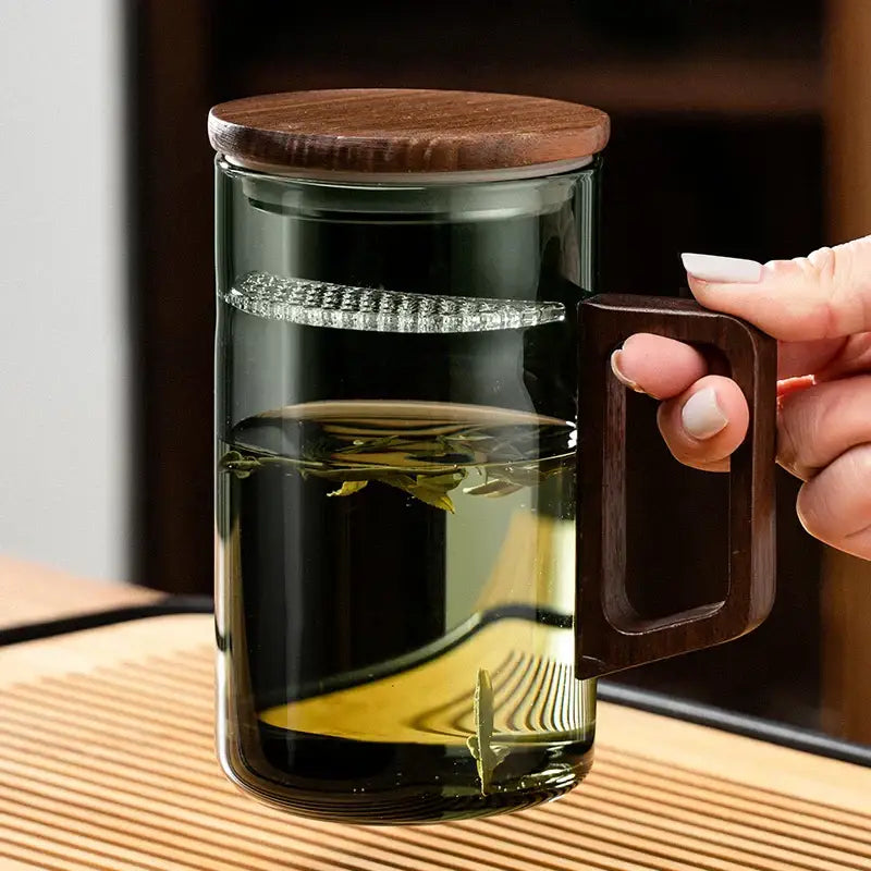 Modern dark green glass tea cup set with wooden handle dining room