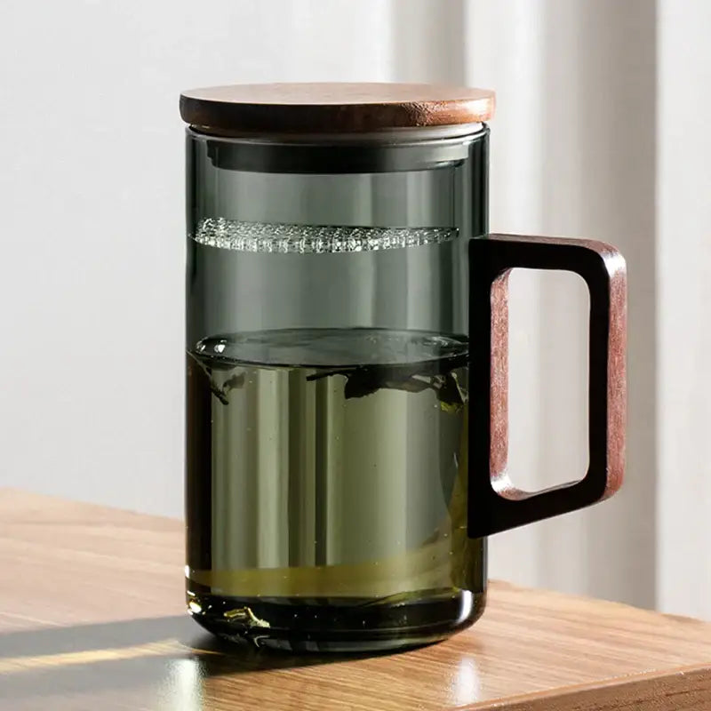 Modern dark green glass tea cup set with wooden handle dining room