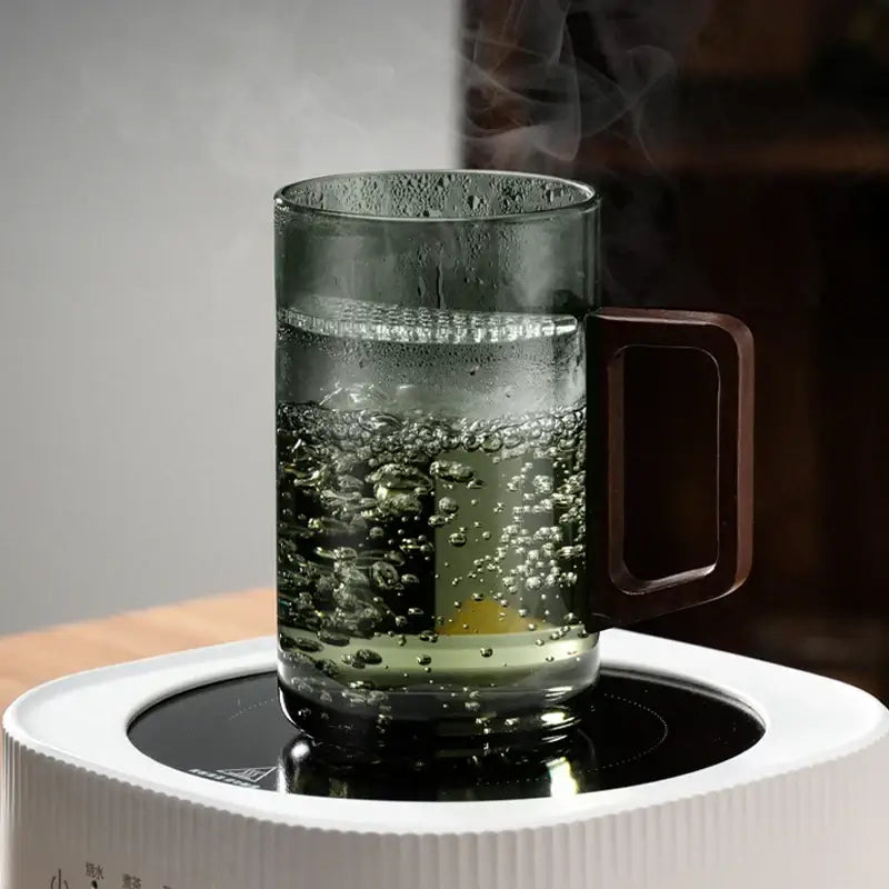 Modern dark green glass tea cup set with wooden handle dining room