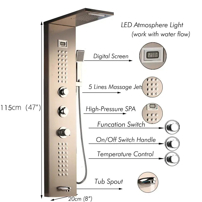 Modern dark grey shower column with massage system for bathroom