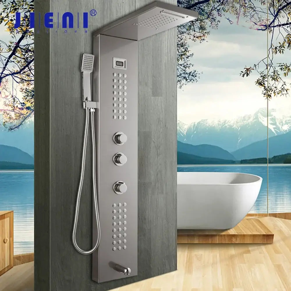 Modern dark grey shower column with massage system for bathroom